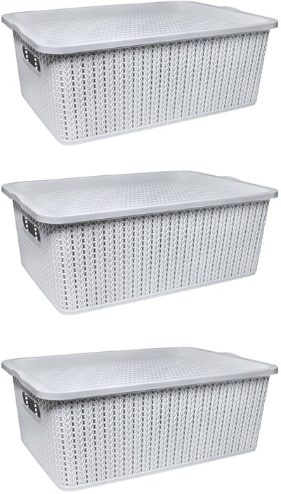 QUVIO Opbergmand met deksel - Opbergmanden - Opbergmand kinderkamer - Opbergmand - Kunststof - 27,5 x 31 x 14,5 cm - Set van 3