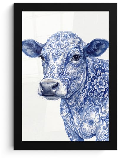 Poster in lijst - Fotolijst 20x30 cm - Posters - Illustratie - Koe - Blauw - Posterlijst zwart - Decoratie - Wanddecoratie woonkamer - Muurdecoratie slaapkamer