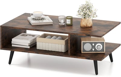 COSTWAY Salontafel met opbergruimte, 2-traps woonkamertafel met open plank en metalen poten, bijzettafel van hout, salontafel, koffietafel voor woonkamer, slaapkamer, 80 x 45 x 30 cm (bruin)