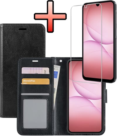 Hoesje - Met Screenprotector - Geschikt voor Samsung Galaxy A17 - Luxe Pasjeshouder - Bookcase Portemonee - Flip Case - Kunstleer Book Case - Flipcase - Book Cover - Walletcase - Portemonneehoes - Zwart