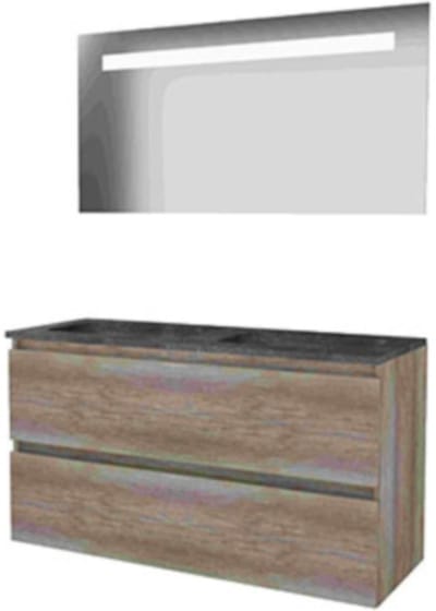 Basic-Line Economic 46 Badkamermeubelset - 120 x 46 cm - Greeploos - 2 Lades - Hardstenen Wastafel - Zonder Kraangat - Spiegel met LED Verlichting - Scotch Oak