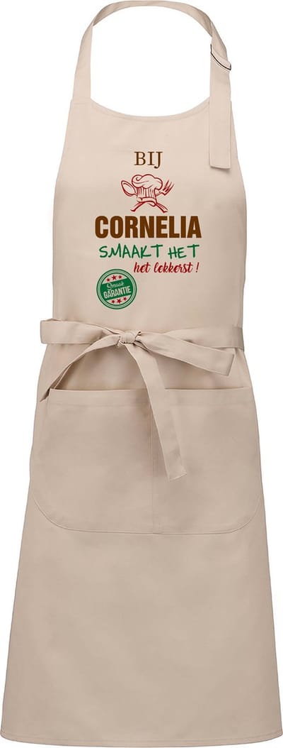 Naamcadeau - Naamschort - Keukenschort met je naam - Kookschort - verjaardag - moederdag - beige - het smaakt het lekkerst bij: Cornelia