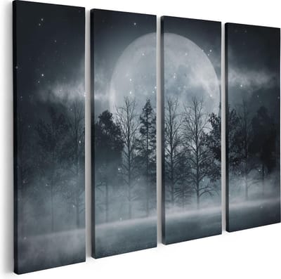 Artaza Canvas Schilderij Vierluik Maan tussen de Bomen in de Nacht - 80x60 - Foto Op Canvas - Canvas Print