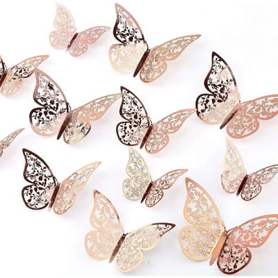 Lot de 12 autocollants muraux 3D en forme de papillon creux, dorés, roses, argentés, pour décoration de mariage, d'anniversaire, de maison ou de chambre