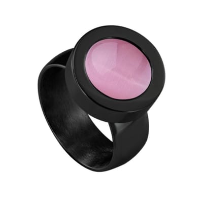 Quiges RVS Schroefsysteem Ring Zwart Glans 16mm met Verwisselbare Cat's Eye Roze 12mm Mini Munt