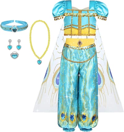 Jasmijn Kostuum Set voor Meisjes met Jurk, Broek, Sieraad en Hoofdband - Perfect voor Feestjes en Cosplay
