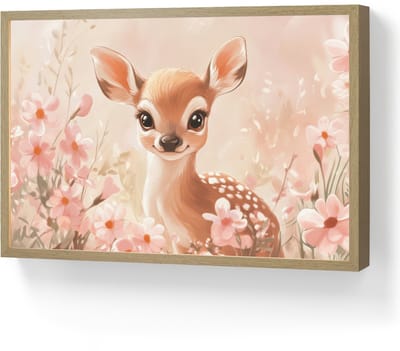 Nachtlampje 60x40 cm - Kinder lamp - Hertje - Illustratie - Bloemen - Roze - Tafellamp kinderkamer draadloos - Slaapkamer lampje - Bedlamp kinderen - Kinderlampje - Wandlamp babykamer - Nachtlampjes