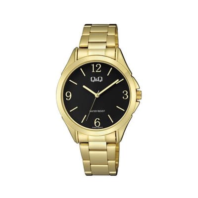 Q&Q C04A-007PY - Horloge - Analoog - Dames - Vrouwen - Stalen band - Rond - Metaal - Cijfers - Streepjes - Goudkleurig - Zwart