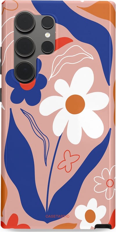 Casetastic hoesje geschikt voor Samsung Galaxy S24 Ultra - Dubbellaagse bescherming - Eenvoud in bloei - Fashion Case - Perzik Donkerblauw Wit
