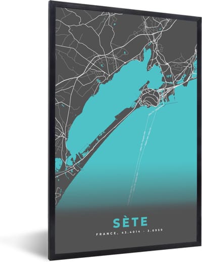 Fotolijst incl. Poster - Sète - Stadskaart - Plattegrond - Kaart - Frankrijk - 40x60 cm - Posterlijst