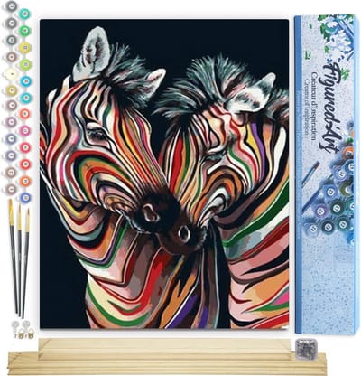 Figured'Art Schilderen op Nummer Volwassenen canvas Paar kleurrijke zebra's - Handwerk acrylverf Kit DIY Compleet - 40x50cm met DIY houten lijst