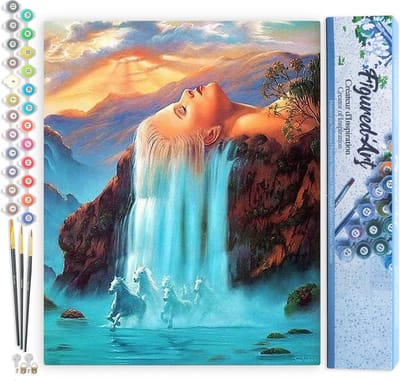 Figured'Art Schilderen op Nummer Volwassenen canvas Waterval en paarden - Handwerk acrylverf Kit DIY Compleet - 40x50cm zonder frame