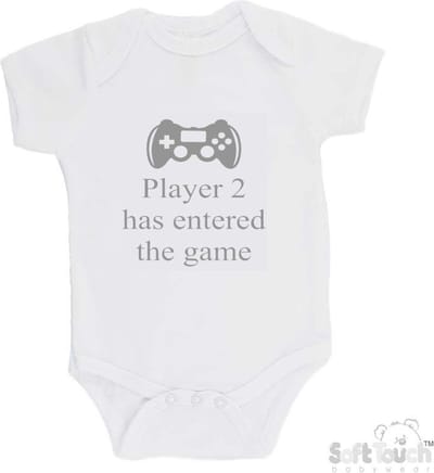 100% katoenen Romper "Player 2 has entered the game" Unisex Katoen Wit/grijs Maat 62/68