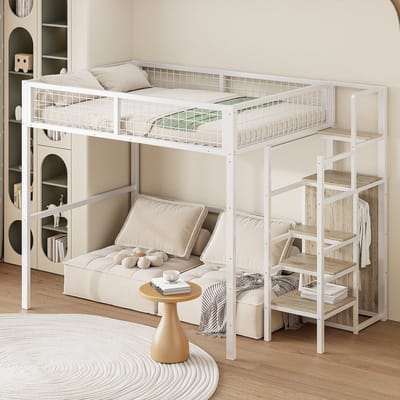 Sweiko Kinderbed, Verhoogd bed 140x200cm Stapelbed, met ladder, babywieg met ijzeren frame en opbergrek, kledingkast, Wit (Geen matras)