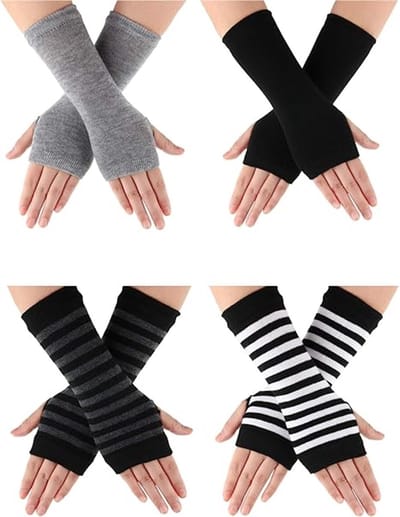 Verpakking van 4 paar - Vingerloze handschoenen van polyester - Met duimgaten - Warme handschoenen met halve vingers voor dames - Warme wanten voor de winter - Unisex - Polsmouwen - Gestreepte gebreide handschoenen - Perfect als kerstcadeau