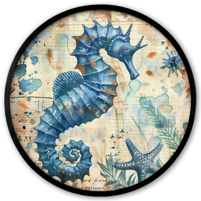 Poster in lijst Rond - Fotolijst 40x40 cm - Posters - Vintage - Zeedieren - Zeepaardje - Watercolor - Blauw - Ronde posterlijst zwart - Decoratie - Wanddecoratie woonkamer - Muurdecoratie slaapkamer