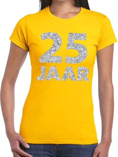 25 jaar zilver glitter verjaardag t-shirt geel dames - verjaardag / jubileum shirts XS