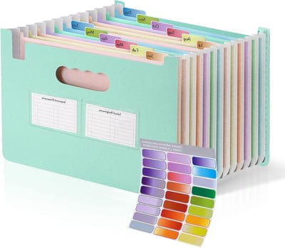 13 Pockets A4 Accordeon Bestandsorganizer van Tarwegras met Labelvakken en Stickers, Maandelijkse Multicolore Indelingen, Uitbreidbaar en Staand Ontwerp