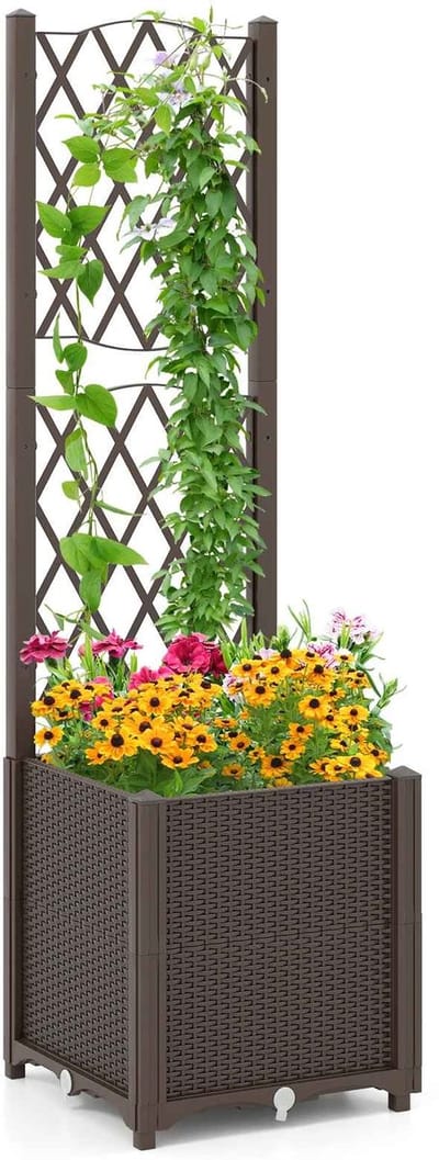CORE Plantenbak - Bloempot - Plantenpot - Bloemenbak - Met latwerk voor klimplanten - Voor tuin of balkon - Binnenzijde 36x36x36cm - 40x40x42/140cm - Bruin