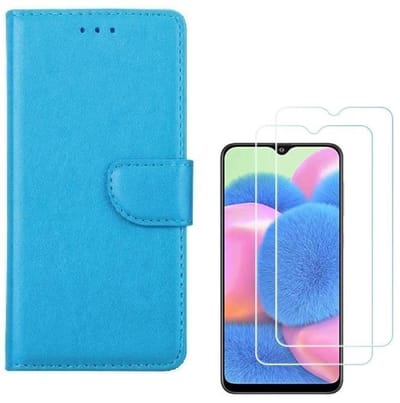 hoesje Geschikt voor: Samsung Galaxy A30S Portemonnee Turquoise met 2 stuks Glas Screen protector