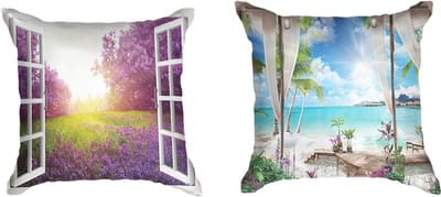 Ulticool - Kussenhoes - Doorkijk Strand Zee Bloemen Lavendel Natuur - Set van 2 stuks - Sierkussens 45x45 cm - Sierkussenhoes - Kussentjes Bank voor Decoratie - Blauw Wit Lila - Vrouw voor Moeders
