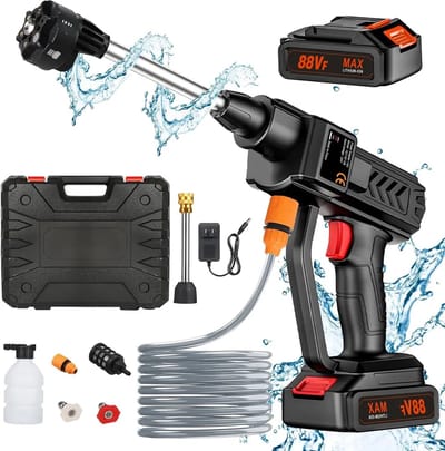 Traumheim® 40Bar Hogedrukreiniger -300W hogedrukreiniger -- Krachtige hogedrukspuit - autoreiniger - met 2 batterijen - slang van 5 m - voor het reinigen van auto's, besproeien- 2* 1500mAh batterijen