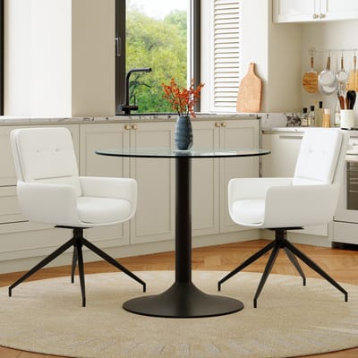 Set Tafel En Stoelen - Ronde Eettafel Met 2 Draaibare Stoelen - Voor Eethooek, Woonruimte En Horeca - Gehard Glas, Metaal, Wit Zwart