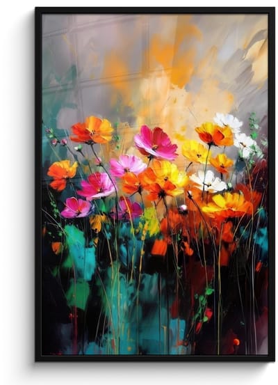 Poster in lijst - Fotolijst 80x120 cm - Posters - Felgekleurd - Bloemblaadjes - Abstract - Posterlijst zwart - Decoratie - Wanddecoratie woonkamer - Muurdecoratie slaapkamer