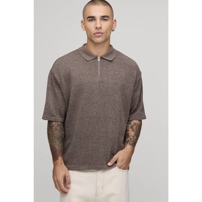 Oversized Boxy 1/4 Zip Cotton Blend Knitted Polo T-Shirt | Brown | Size XS