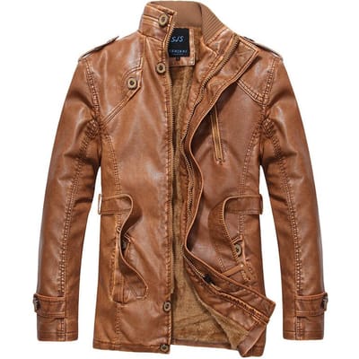 Mode Hiver Veste en Cuir PU Slim Fit pour Homme Longueur Moyenne et Longue Épaissie en Polaire Veste en Cuir pour Homme 3XL brown