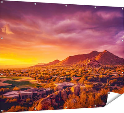 Gards Tuinposter Woestijn Landschap met Zonsondergang - 160x120 cm - Tuindoek - Tuindecoratie - Wanddecoratie buiten - Tuinschilderij