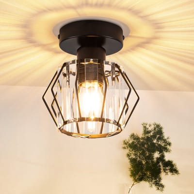 NETTLIFE Plafonnière - 1xE27 - Plafondlamp - Zwart - Modern - Ø 15cm - Ruit ontwerp - Metaal en kristal - Hal lamp - voor woonkamer | gang | keuken | balkon - Zonder lamp
