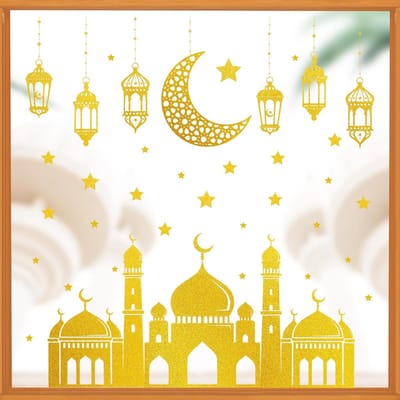 Famanu – Gouden Eid Mubarak Raamstickers – Set van 4 Vellen Ramadan Kareem Raamdecoratie voor Glas en Spiegels