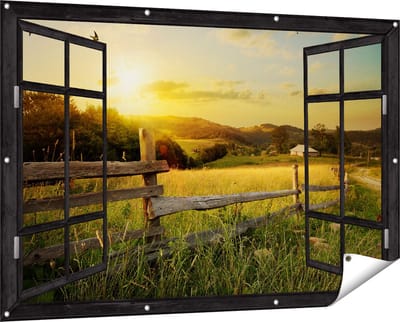 Gards Tuinposter Doorkijk Boerderij Hekken op het Grasveld - 150x100 cm - Tuindoek - Tuindecoratie - Wanddecoratie buiten - Tuinschilderij