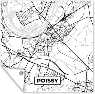 Tuin poster Kaart - Stadskaart - Frankrijk - Poissy - Plattegrond - Zwart wit - 200x200 cm - Tuindoek