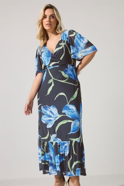 Yours London Marineblauwe Wikkeljurk Met Bloemenprint En Ruches Aan De Zoom Size 42