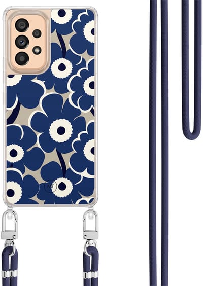 Hoesje met koord geschikt voor Samsung Galaxy A53 - Abstract bloom - Inclusief Donkerblauw koord - Crossbody beschermhoes - Transparant, Blauw - Mooie Telefoonhoesjes