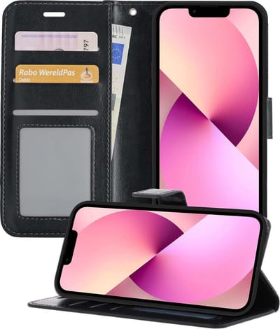 Hoesje - Met Pasjeshouder - Geschikt voor Apple iPhone 13 Mini - Luxe Bookcase Portemonee - Flip Case - Kunstleer Book Case - Flipcase - Book Cover - Walletcase - Portemonneehoes - Telefoonhoesjes - Zwart
