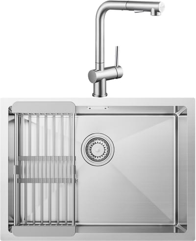 CECIPA Max Spoelbak RVS (60x44CM) - Spoelbak Keuken Met Keukenkraan met Uittrekbare Uitloop - Spoelbakken Keuken - Wasbak Keuken Met Verstelbaar Mandje - Met Afdruiprek