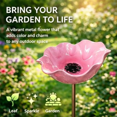 Vogelbad - Terras Vogelbad - Vogelbadjes - Metalen Vogelbadje - VogelbadjesBuiten - Insectenvoederhuisje - Waterschaal - Bijenbad voor in de tuin -Bloemenmotief - Decoratie voor terras en tuin - Afneembare stang -roze-15CM