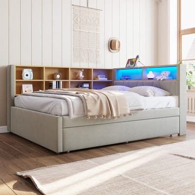 HAUSS SPOLE Slaapbank 140x200 cm - Tweepersoonsbed Met Opbergladen - Zeer Comfortabel - Flanel - Lichtgrijs