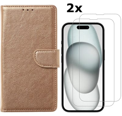 Hoesje Geschikt voor iPhone 15 Plus hoesje bookcase met 2x screenprotector – Goud