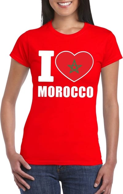 Marokko supporters kleding t-shirt - voor dames - rood - met vlag kleuren print - korte mouwen S