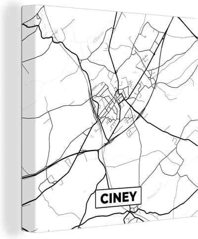 Canvas Schilderij Stadskaart – Plattegrond – België – Zwart Wit – Ciney – Kaart - 20x20 cm - Wanddecoratie