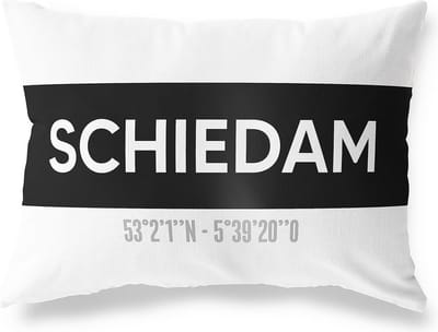 Tuinkussen SCHIEDAM - ZUID-HOLLAND met coördinaten - Buitenkussen - Bootkussen - Weerbestendig - Jouw Plaats - Studio216 - Modern - Zwart-Wit - 50x30cm