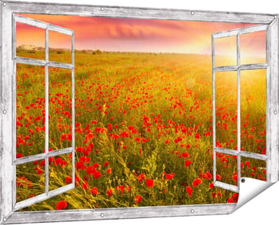 Gards Tuinposter Doorkijk Rode Klaproos Bloemenveld - Zonsondergang - 150x100 cm - Tuindoek - Tuindecoratie - Wanddecoratie buiten - Tuinschilderij