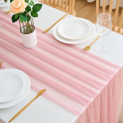 Tafelloper chiffon, roze, 75 x 220 cm, boho, katoenen gaas, rustiek, keukentafel, cheesecloth, decoratie, tafelloper, voor bruiloften, feesten, verjaardagen, babyshower