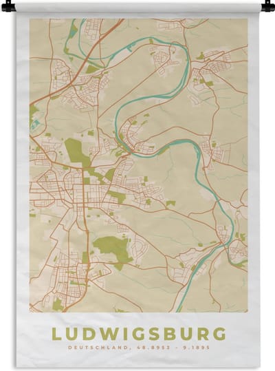 Wandkleed - Wanddoek - Ludwigsburg - Kaart - Plattegrond - Stadskaart - Vintage - 120x180 cm - Wandtapijt