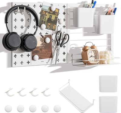 COSTWAY Gereedschapswand, 61 x 30 cm, gatenwand met 2 opbergbakken, 1 opbergrek, 5 magneten en 4 haken, steekbord voor wandmontage tot 30 kg belastbaar, geperforeerde plaat voor keuken, werkkamer,