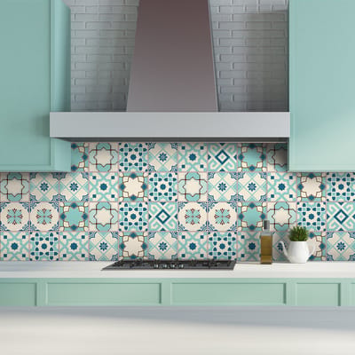 Zelfklevende tegelmuurstickers voor keuken en badkamer - 9 cementtegelstickers, Azulejos Leria-stijl - 9 stickers, 10x10 cm